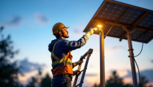A photograph of a lighting contractor installing solar lights on a tall pole in an outdoor setting