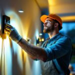 A photograph of a skilled lighting contractor installing or adjusting smart lighting systems in a modern home setting