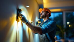 A photograph of a skilled lighting contractor installing or adjusting smart lighting systems in a modern home setting