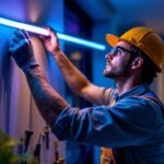 A photograph of a lighting contractor expertly installing a vibrant led strip light fixture in a modern interior space