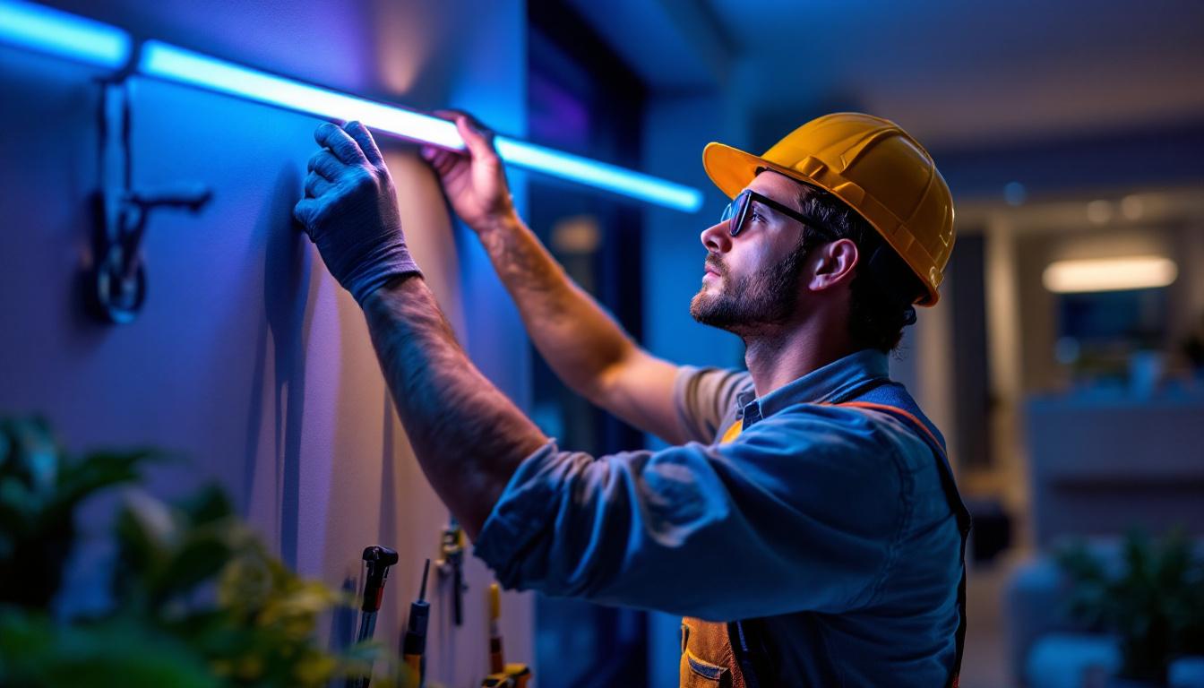 A photograph of a lighting contractor expertly installing a vibrant led strip light fixture in a modern interior space