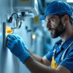 A photograph of a skilled lighting contractor installing a hospital-grade outlet in a clinical setting