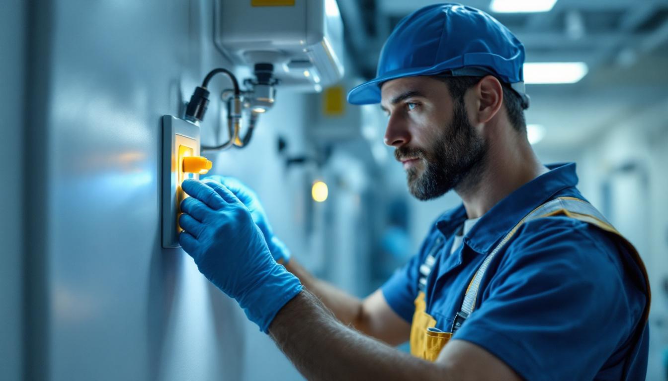 A photograph of a skilled lighting contractor installing a hospital-grade outlet in a clinical setting