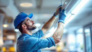 A photograph of a lighting professional installing or examining t12 led fixtures in a well-lit commercial or residential space