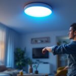 A photograph of a modern indoor setting featuring a motion sensor ceiling light in action