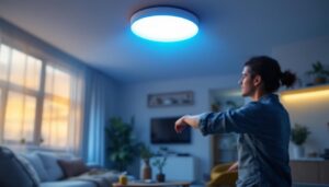 A photograph of a modern indoor setting featuring a motion sensor ceiling light in action