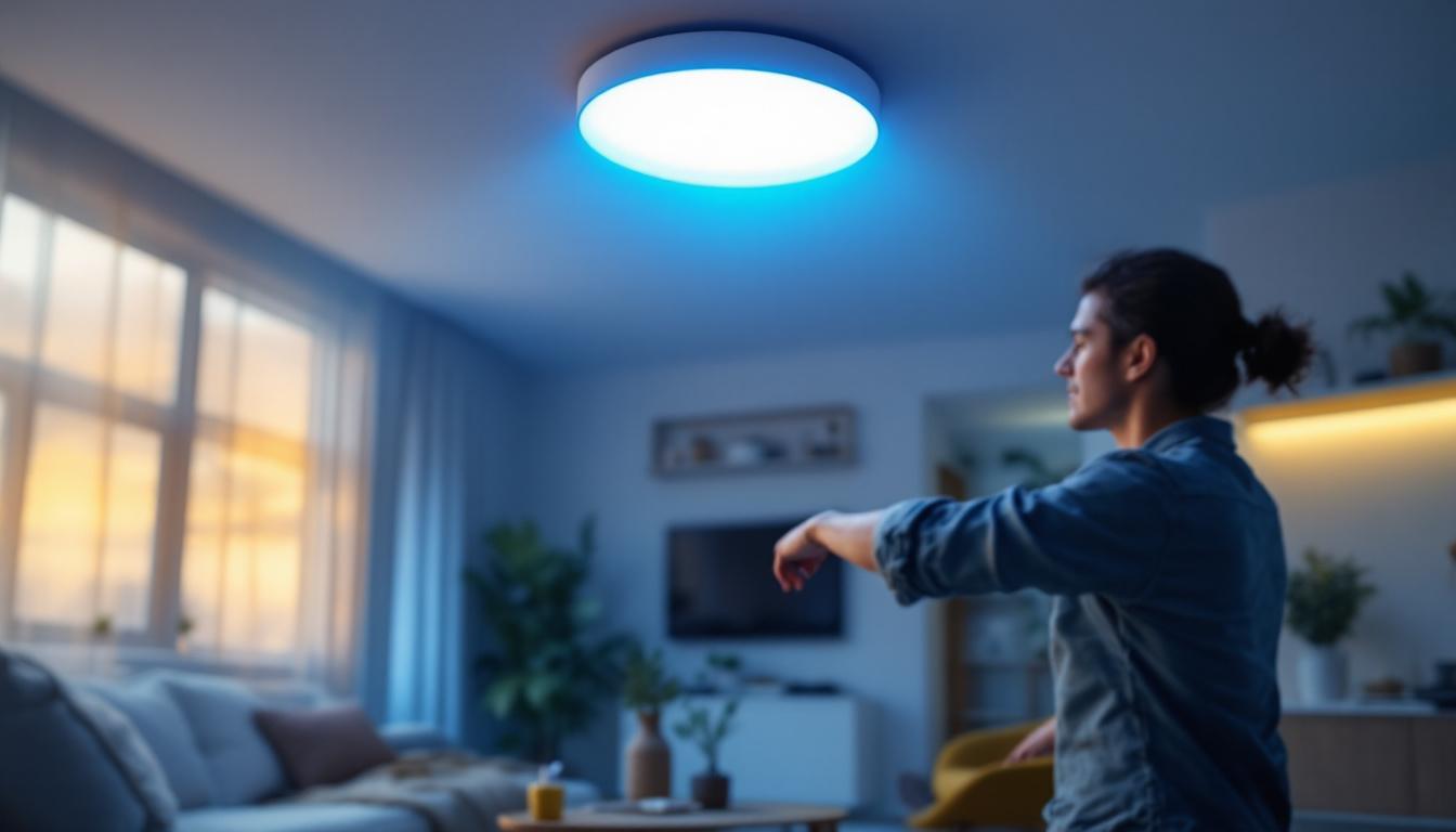 A photograph of a modern indoor setting featuring a motion sensor ceiling light in action