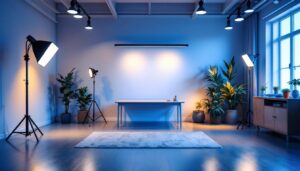 A photograph of a well-lit indoor space showcasing various lighting setups that demonstrate the brightness of 5000 lumens