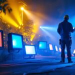 A photograph of a vibrant outdoor scene showcasing various colorful flood lights illuminating a space