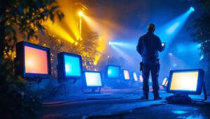 A photograph of a vibrant outdoor scene showcasing various colorful flood lights illuminating a space