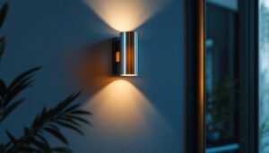 A photograph of a beautifully designed cylinder wall sconce installed in a stylish interior setting