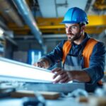 A photograph of a lighting contractor in the midst of converting fluorescent tubes to led