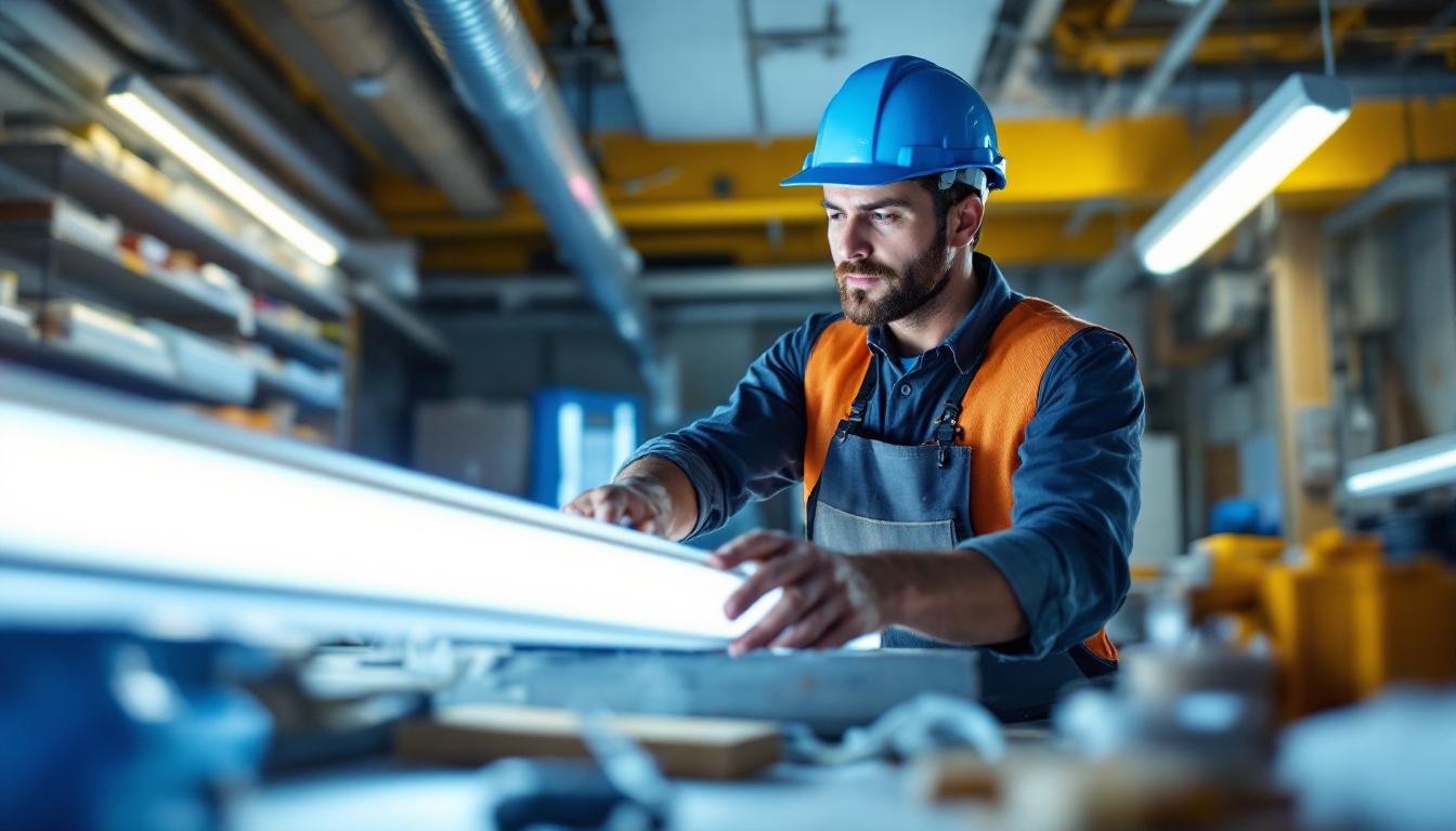 A photograph of a lighting contractor in the midst of converting fluorescent tubes to led