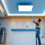 A photograph of a well-lit modern interior featuring flat led ceiling lights