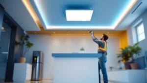 A photograph of a well-lit modern interior featuring flat led ceiling lights