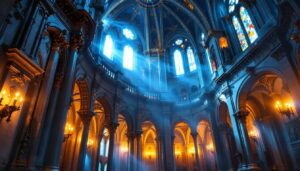 A photograph of a beautifully illuminated cathedral interior