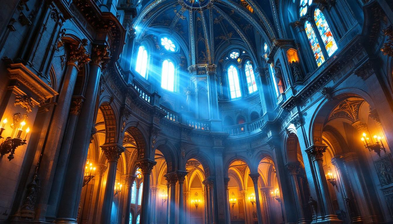 A photograph of a beautifully illuminated cathedral interior