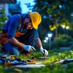A photograph of a lighting contractor installing led solar flood lights in an outdoor setting