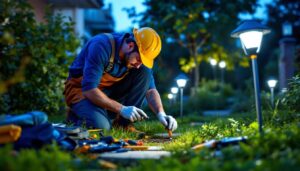 A photograph of a lighting contractor installing led solar flood lights in an outdoor setting