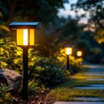A photograph of a beautifully designed solar-powered yard light post illuminating a garden pathway at dusk