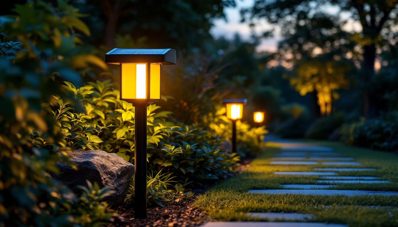 A photograph of a beautifully designed solar-powered yard light post illuminating a garden pathway at dusk