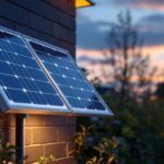 A photograph of a solar panel flood light installed in an outdoor setting at dusk