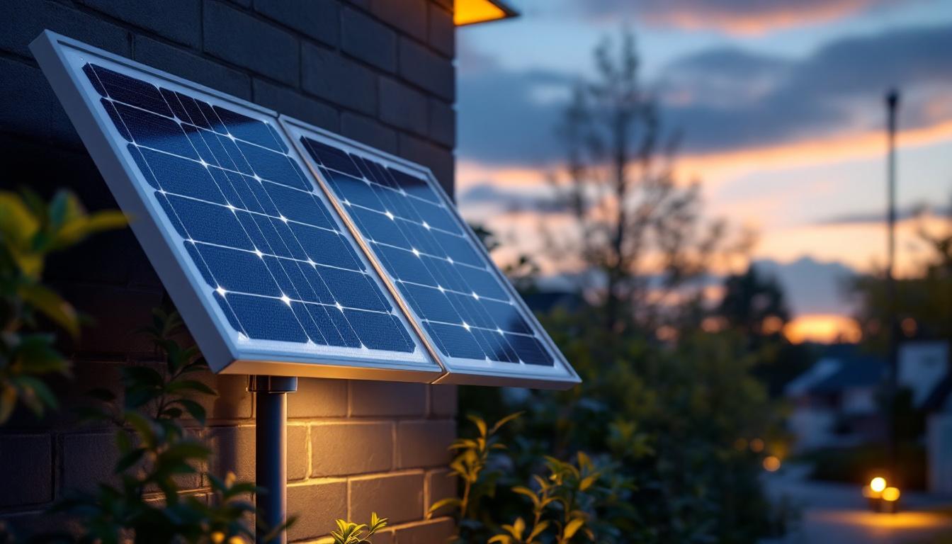 A photograph of a solar panel flood light installed in an outdoor setting at dusk