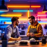 A photograph of a well-lit workspace featuring a variety of colorful led strip shop lights installed in an appealing arrangement