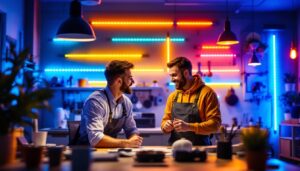 A photograph of a well-lit workspace featuring a variety of colorful led strip shop lights installed in an appealing arrangement