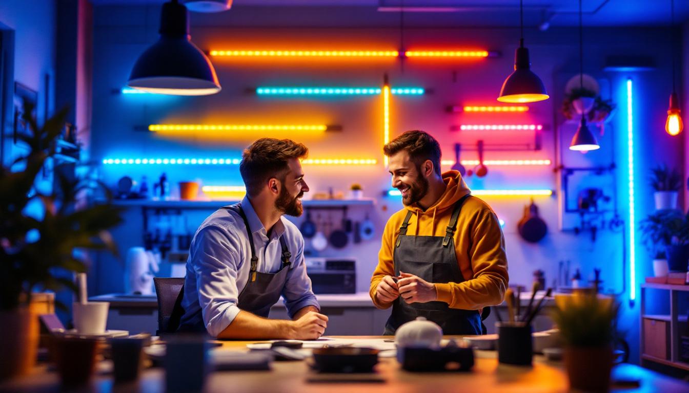 A photograph of a well-lit workspace featuring a variety of colorful led strip shop lights installed in an appealing arrangement