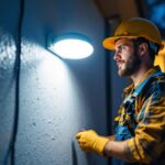 A photograph of a lighting contractor installing a bright