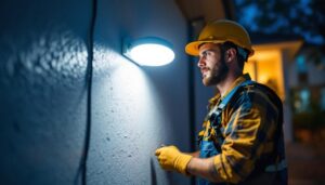 A photograph of a lighting contractor installing a bright