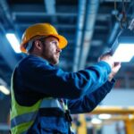 A photograph of a lighting contractor installing or inspecting a ballast light system in a commercial or industrial setting