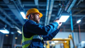 A photograph of a lighting contractor installing or inspecting a ballast light system in a commercial or industrial setting