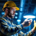 A photograph of a skilled lighting contractor examining a modern commercial lighting fixture in a well-lit