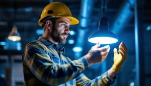 A photograph of a skilled lighting contractor examining a modern commercial lighting fixture in a well-lit