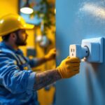 A photograph of a professional lighting contractor installing a power outlet specifically designed for a washing machine