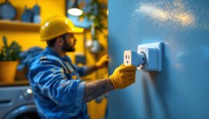 A photograph of a professional lighting contractor installing a power outlet specifically designed for a washing machine