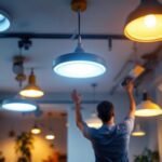 A photograph of a well-lit room showcasing various styles of ceiling canned lights in use