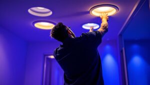 A photograph of a well-lit interior space featuring recessed led can lights