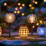 A photograph of a beautifully arranged outdoor setting featuring a variety of solar decorative lamps illuminating the space