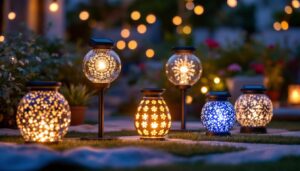 A photograph of a beautifully arranged outdoor setting featuring a variety of solar decorative lamps illuminating the space