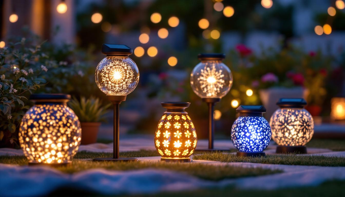 A photograph of a beautifully arranged outdoor setting featuring a variety of solar decorative lamps illuminating the space