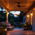 A photograph of a beautifully lit outdoor porch at dusk