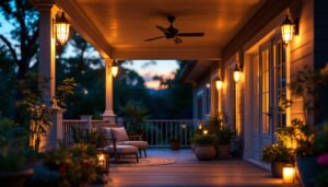 A photograph of a beautifully lit outdoor porch at dusk
