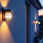 A photograph of a beautifully illuminated outdoor space featuring stylish solar sconces mounted on a wall