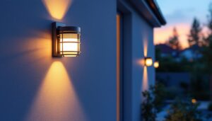 A photograph of a beautifully illuminated outdoor space featuring stylish solar sconces mounted on a wall