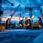 A photograph of a construction site at dusk