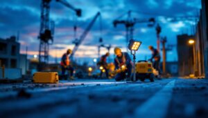 A photograph of a construction site at dusk