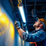 A photograph of a modern lighting contractor installing a sleek fluorescent lighting fixture in a commercial space